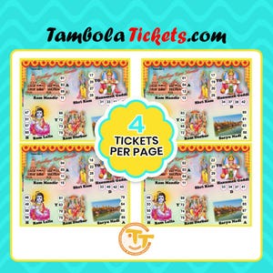 May include: Four colourful bingo cards with images of Hindu deities and landmarks. The cards are labelled with the text "Tambola Tickets.com".