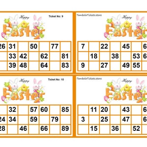 Happy Easter tambola Tickets pdf | Tambola | Housie |  | Tambola Tickets |  4 tickets page | Printable | 400 Tickets | 90 Ball bingo | D3