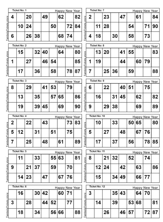 New Year Theme Tambola Tickets 400 Tickets Set 12 Tickets per Page