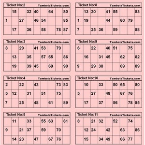 Tambola tickets PDF | 12 tickets per page | 400 unique tickets | Housie Ticket | Bingo Ticket | Real Tickets | Set 5 | 90 balls bingo | Pink