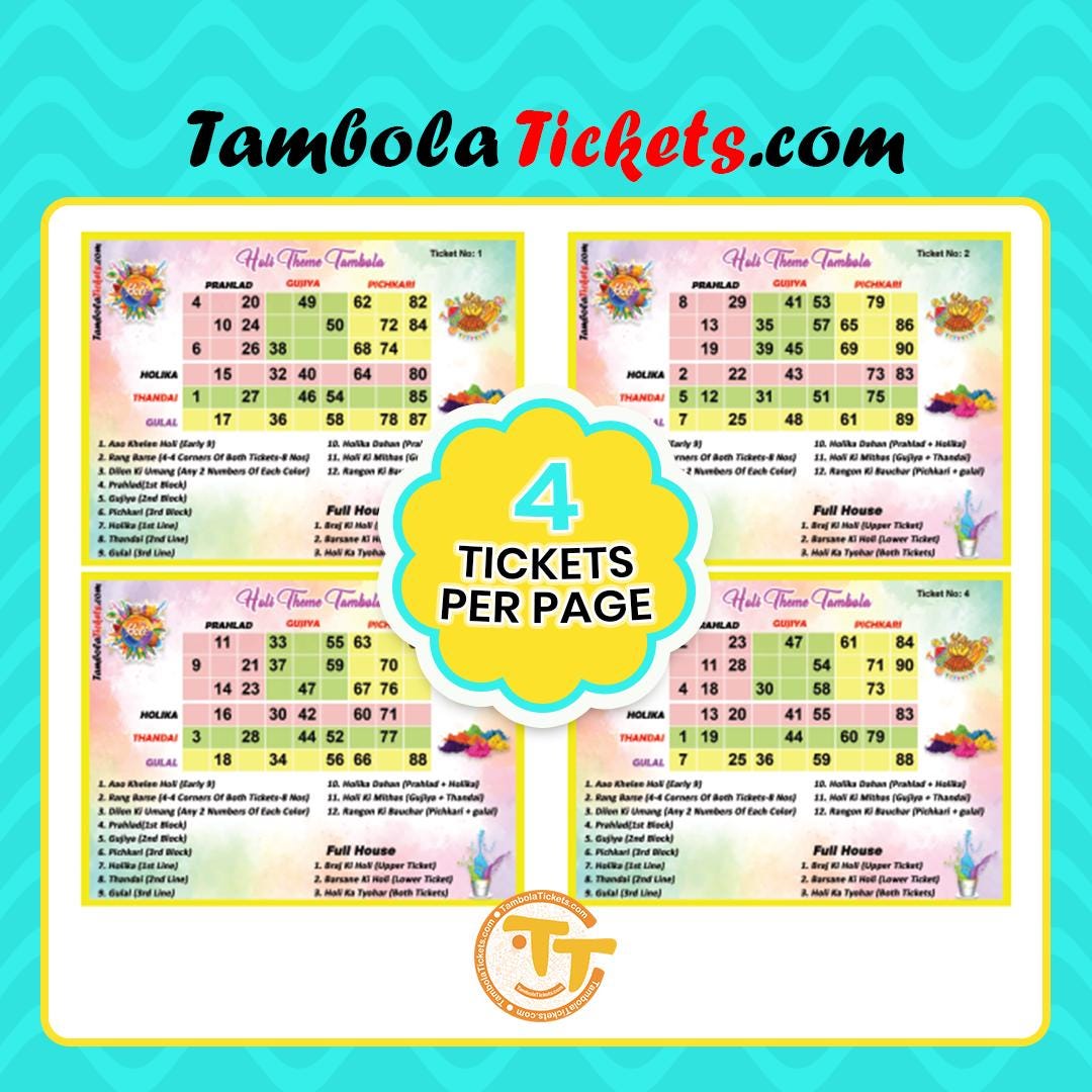 Holi Theme Tambola Tickets – 48 Unique Printable Tickets | Festival of ...