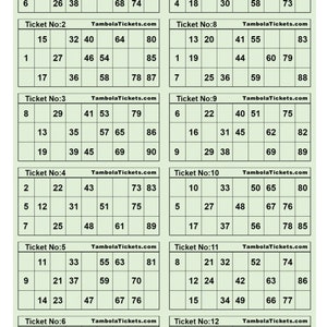 Tambola tickets | 12 tickets per page | 400 unique tickets | Housie Ticket | Bingo Ticket | Printable PDF | Set 4 | 90 balls bingo | Green