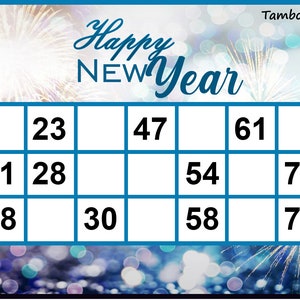 新年テーマ クラシック タンボラ チケット | タンボラ | ハウジー | タンボラ チケット | 1 ページあたり 4 枚のチケット | 印刷可能 | 90 ボール ビンゴ | 400 枚のチケット