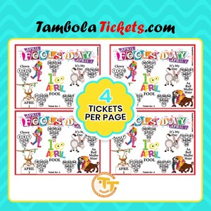 May include: Four colorful April Fools Day themed bingo cards with numbers and images. The cards are labeled "April Fools Day" and feature a clown, a donkey, a monkey, and a bull.