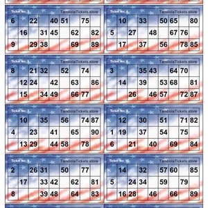 US Theme Classic Tambola Tickets | Tombola tickets | Housie Tickets | 12  tickets per page | 90 Ball bingo | 400 tickets total | Printable
