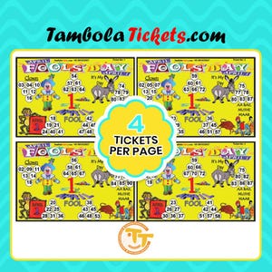 May include: Four yellow and red themed April Fools Day bingo cards with a clown, donkey, bull, and a number one in the center of each card. The cards have numbers 1-90. The text "4 Tickets Per Page" is in a yellow cloud shape.