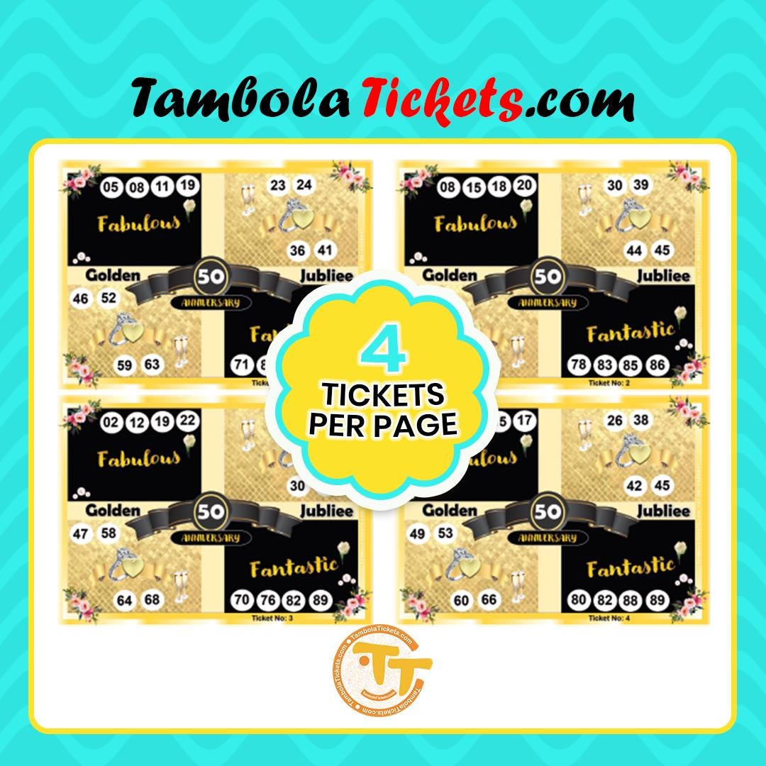 Golden Jubilee 50th Anniversary Tambola Tickets – 48 Unique Tickets | 1-90 Number Tambola | Instant Download | Printable Housie Game