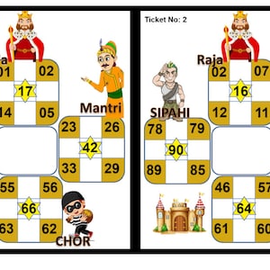 Raja Mantri theme Tambola tickets pdf | 2 tickets per page | Total 50 unique tickets | Housie pdf | 90 Ball Bingo | Printable PDF