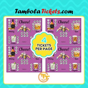Biglietti per Tambola a tema alcolico Cheers - 48 carte uniche / Gioco di società stampabile / Whiskey, Vodka, Tequila, Rum / Download immediato