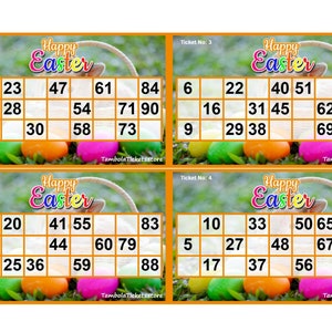 Happy Easter tambola Tickets pdf | Tambola | Housie |  | Tambola Tickets |  4 tickets page | Printable | 400 Tickets | 90 Ball bingo