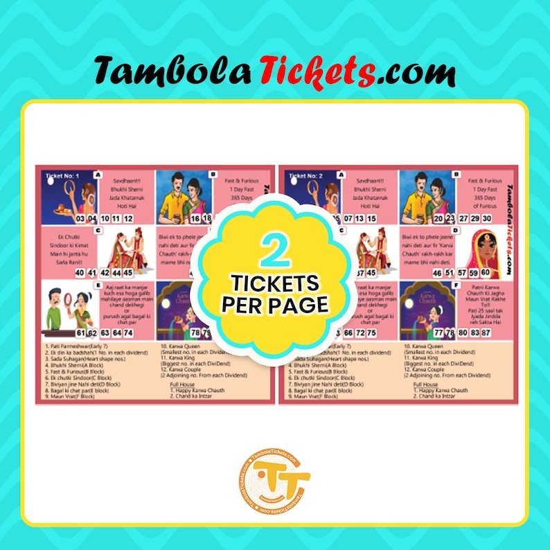 Karwa Chauth Theme Tambola Tickets - 48 Unique Printable Cards | Couple ...