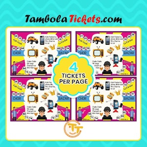 May include: Four colorful bingo cards with numbers and images. The cards are labeled "Chor", "Bazap", and "Sa Karobar". The text "4 Tickets Per Page" is in a circle in the center of the image.