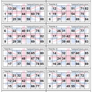 UK Theme Classic Tambola Ticket | Tombola tickets | Housie Tickets | 12  tickets per page | 90 Ball bingo | 400 tickets total | Printable