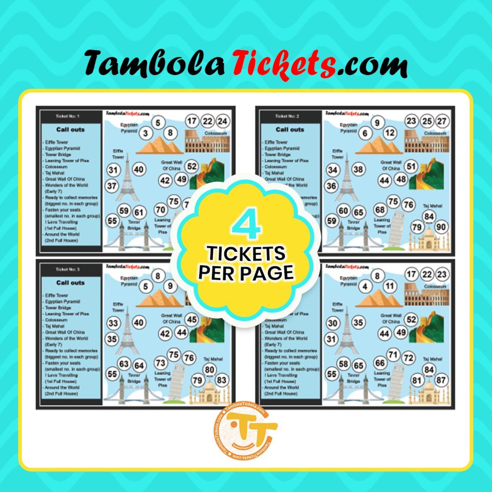 Around the World Tambola Tickets Pdf – 48 Printable Travel Theme Housie ...