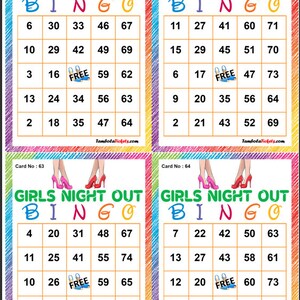 Girls Night Out Theme Bingo Cards Tickets | 150 Bingo Cards | All unique |  bingo cards | Printable Pdf  | 4 cards per page | CA527