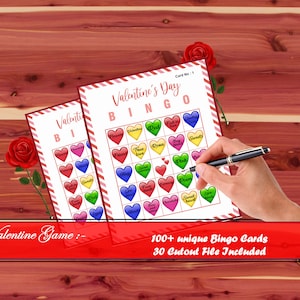 Cartes de bingo pour la Saint-Valentin | Billets de Bingo Coeurs | 2 cartes par page | Imprimable | Image découpée incluse | Imprimable | 100 cartes uniques