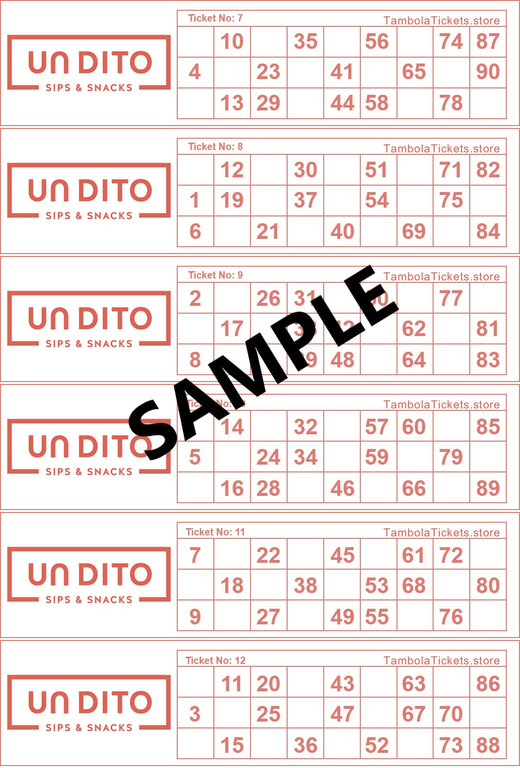 Printable |120 Tickets Tambola Tickets with Brand / Company Logo total 20 Pages 6 tickets per page Housie Tickets 90 Ball bingo