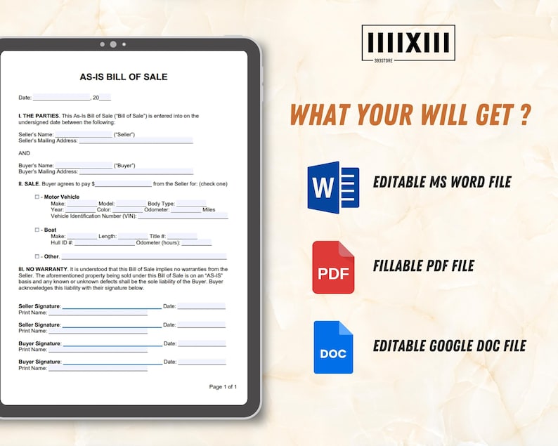As-is (no Warranty) Bill of Sale Form Template for Vehicles, Bikes ...