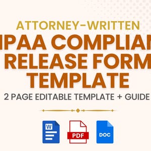 Pode incluir: Um download digital de um modelo de formulário de liberação compatível com HIPAA de duas páginas. O modelo é editável e vem com um guia. Os formatos de arquivo disponíveis são Word, PDF e DOC.