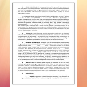 May include: A document with text in black font on a white background. The text includes sections on license and insurance, termination, mediation and arbitration, and applicable law. The document is likely a legal agreement.