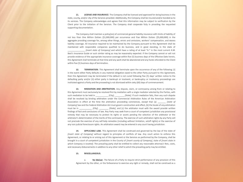 May include: A document with text in black font on a white background. The text includes sections on license and insurance, termination, mediation and arbitration, and applicable law. The document is likely a legal agreement.