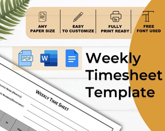 Afdrukbaar sjabloon voor wekelijkse urenstaat voor werknemers (digitale download)