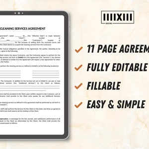 Peut inclure: Une tablette num&eacute;rique affiche un mod&egrave;le de contrat de services de nettoyage. Le document est intitul&eacute; "11 PAGE AGREEMENT", "FULLY EDITABLE", "FILLABLE" et "EASY & SIMPLE". La tablette est sur une surface claire.