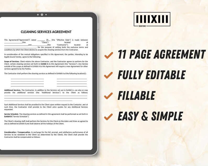 Peut inclure: Une tablette num&eacute;rique affiche un mod&egrave;le de contrat de services de nettoyage. Le document est intitul&eacute; "11 PAGE AGREEMENT", "FULLY EDITABLE", "FILLABLE" et "EASY & SIMPLE". La tablette est sur une surface claire.