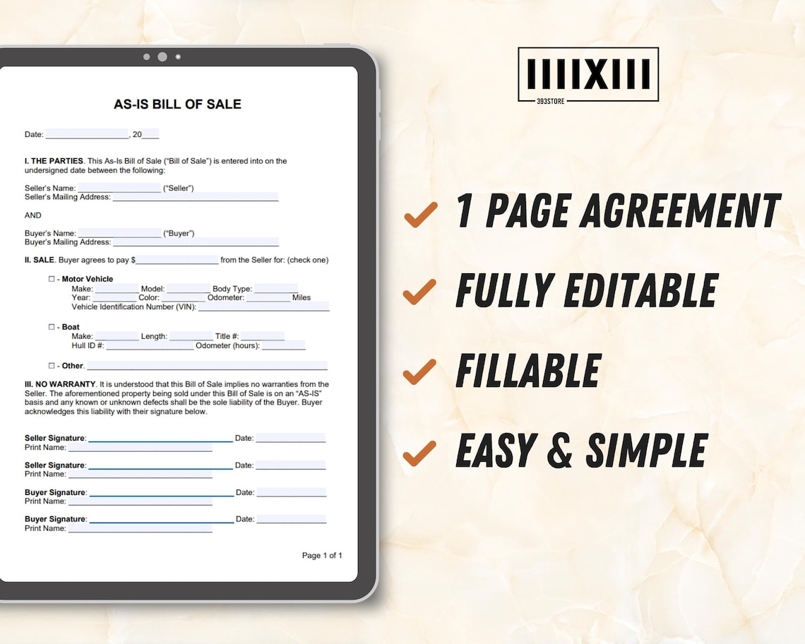 As-is (no Warranty) Bill of Sale Form Template for Vehicles, Bikes ...