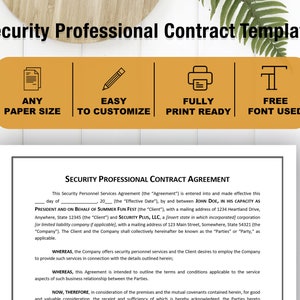 May include: A security professional contract template with the title "Security Professional Contract Template." The template includes icons indicating any paper size, easy customization, print readiness, and free font usage. The document text is visible.