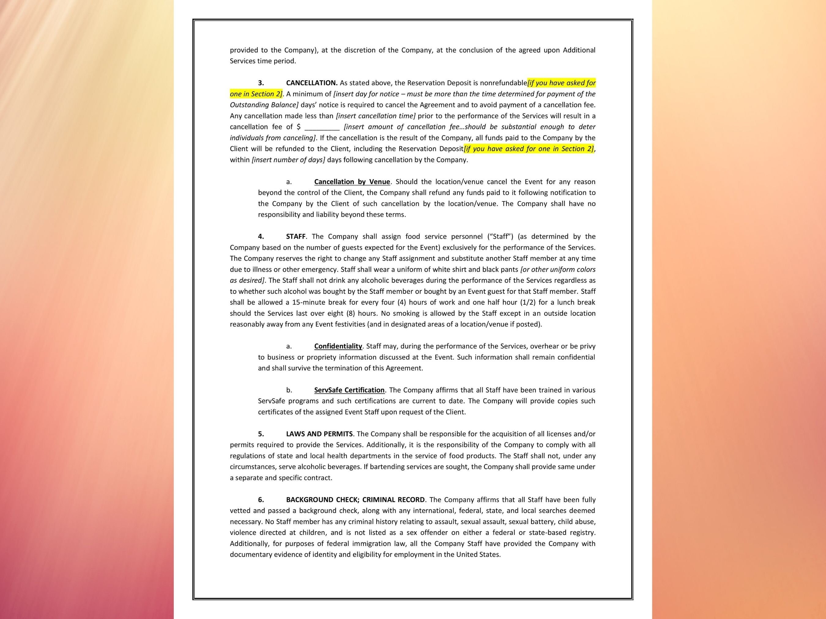 Food Services Contract Template Food Service Provider Restaurant