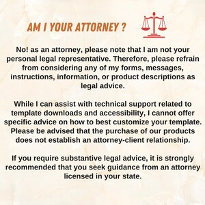 Peut inclure: Graphique beige avec le texte marron "AM I YOUR ATTORNEY ?". L'image comprend une ic&ocirc;ne de balance et du texte indiquant que le vendeur n'est pas un repr&eacute;sentant l&eacute;gal et ne peut pas fournir de conseils juridiques.
