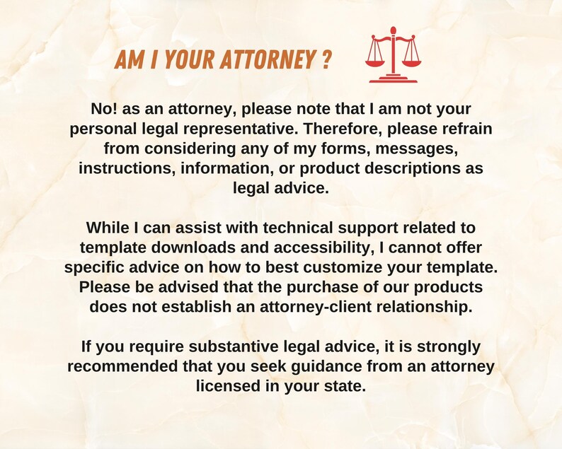 Peut inclure: Graphique beige avec le texte marron "AM I YOUR ATTORNEY ?". L'image comprend une ic&ocirc;ne de balance et du texte indiquant que le vendeur n'est pas un repr&eacute;sentant l&eacute;gal et ne peut pas fournir de conseils juridiques.