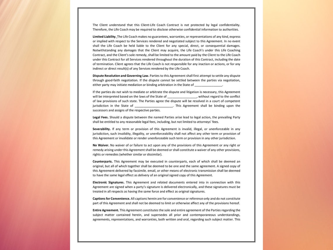 Life Coaching Contract Template Simple Coaching Agreement Coaching ...