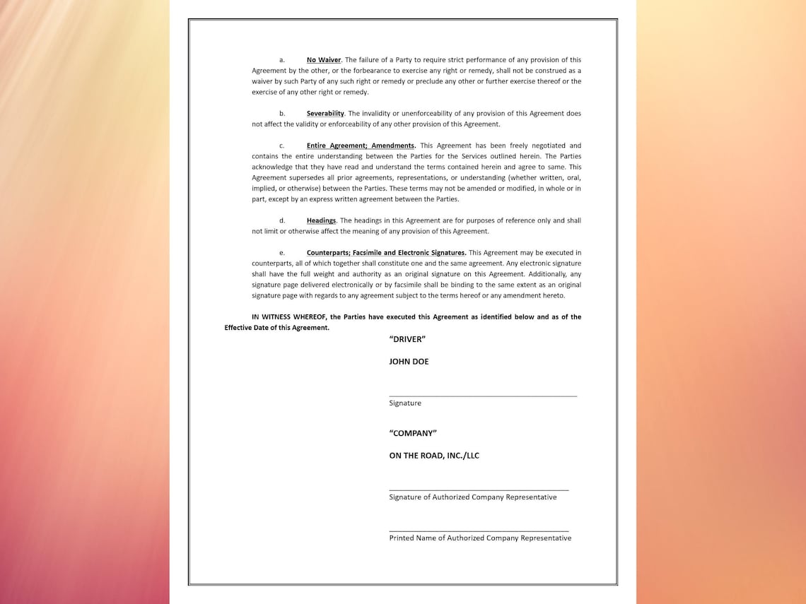Truck Driver Contract Template Simple Driver Agreement Etsy