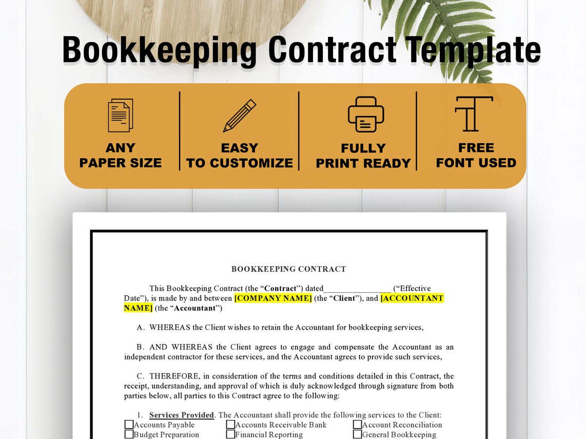 Bookkeeping Contract Template Bookkeeping Agreement | Etsy