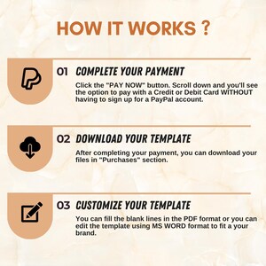 Peut inclure: Infographie intitul&eacute;e &laquo;&nbsp;COMMENT &Ccedil;A MARCHE&nbsp;?&nbsp;&raquo; pr&eacute;sentant trois &eacute;tapes&nbsp;: Effectuer le paiement, T&eacute;l&eacute;charger votre mod&egrave;le et Personnaliser votre mod&egrave;le. Chaque &eacute;tape comprend une br&egrave;ve description et une ic&ocirc;ne. Fond textur&eacute; marbr&eacute;.
