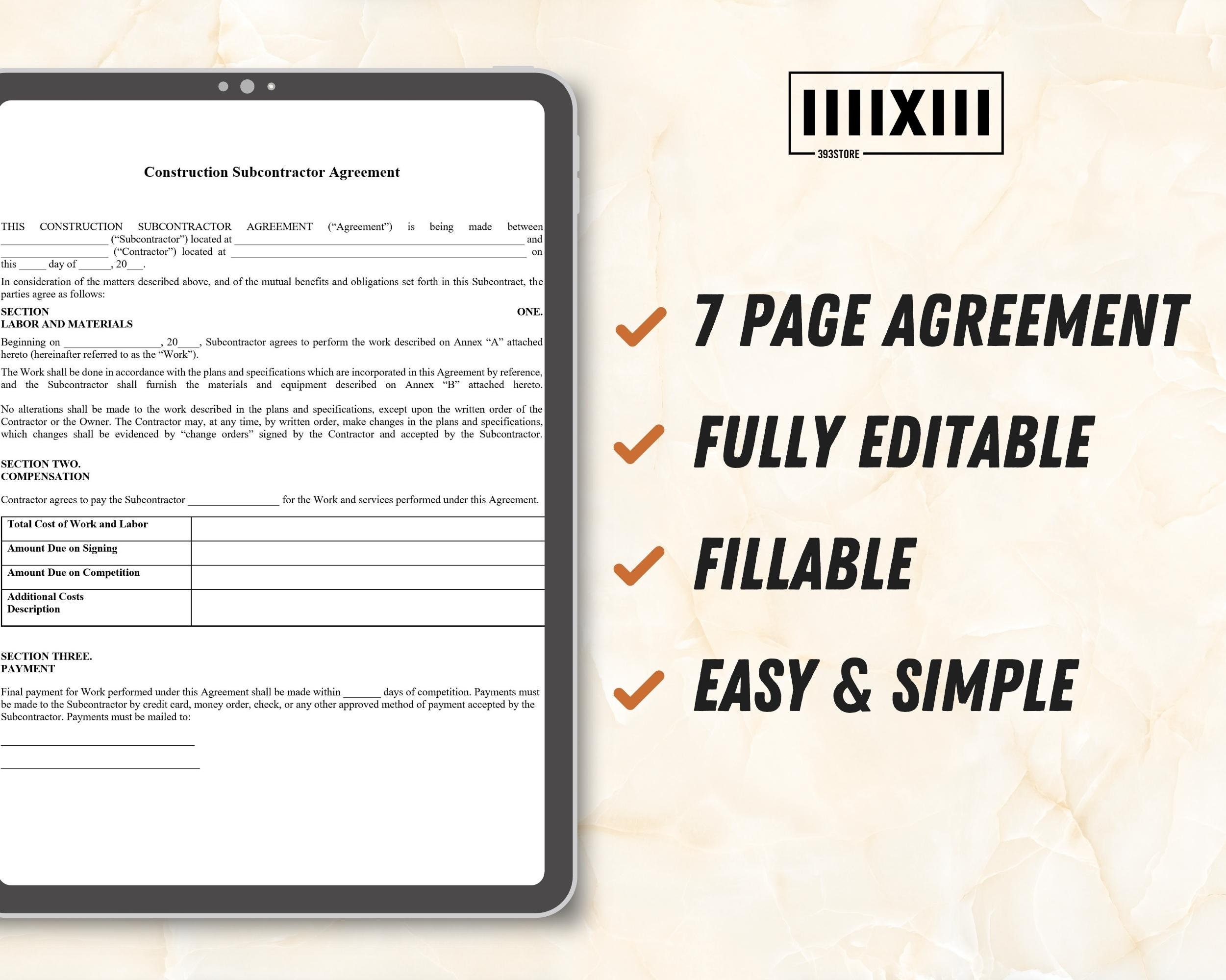 Construction Subcontractor Agreement Template: Editable Word & PDF - Etsy