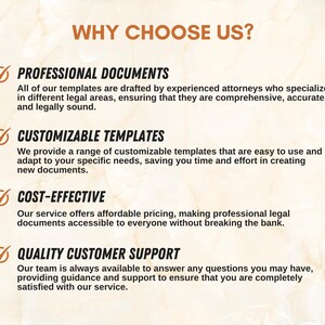 Peut inclure: Visuel avec le texte "WHY CHOOSE US ?" et quatre points cl&eacute;s : "PROFESSIONAL DOCUMENTS", "CUSTOMIZABLE TEMPLATES", "COST-EFFECTIVE" et "QUALITY CUSTOMER SUPPORT". Le fond a une texture marbr&eacute;e.