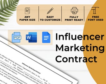 Contractsjabloon influencer-marketing: bewerkbare samenwerkingsovereenkomst voor merk (digitale download)