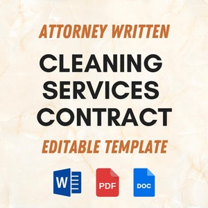 Peut inclure: Un document intitul&eacute; &laquo; Contrat de services de nettoyage &raquo; avec le texte &laquo; R&eacute;dig&eacute; par un avocat &raquo; et &laquo; Mod&egrave;le modifiable &raquo;. Les ic&ocirc;nes de document pour Word, PDF et DOC sont affich&eacute;es en bas. Le fond a une texture de marbre.