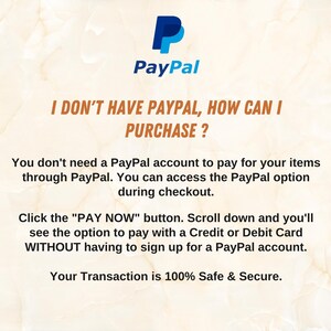 Peut inclure: Le logo PayPal, un "P" bleu avec "PayPal" en dessous, est affich&eacute; sur un fond beige. Le texte explique comment acheter sans compte PayPal, en utilisant une carte de cr&eacute;dit ou de d&eacute;bit. Le texte indique que les transactions sont 100% s&ucirc;res.
