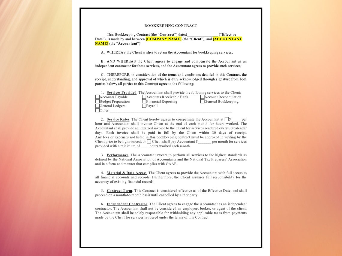 Bookkeeping Contract Template Bookkeeping Agreement | Etsy