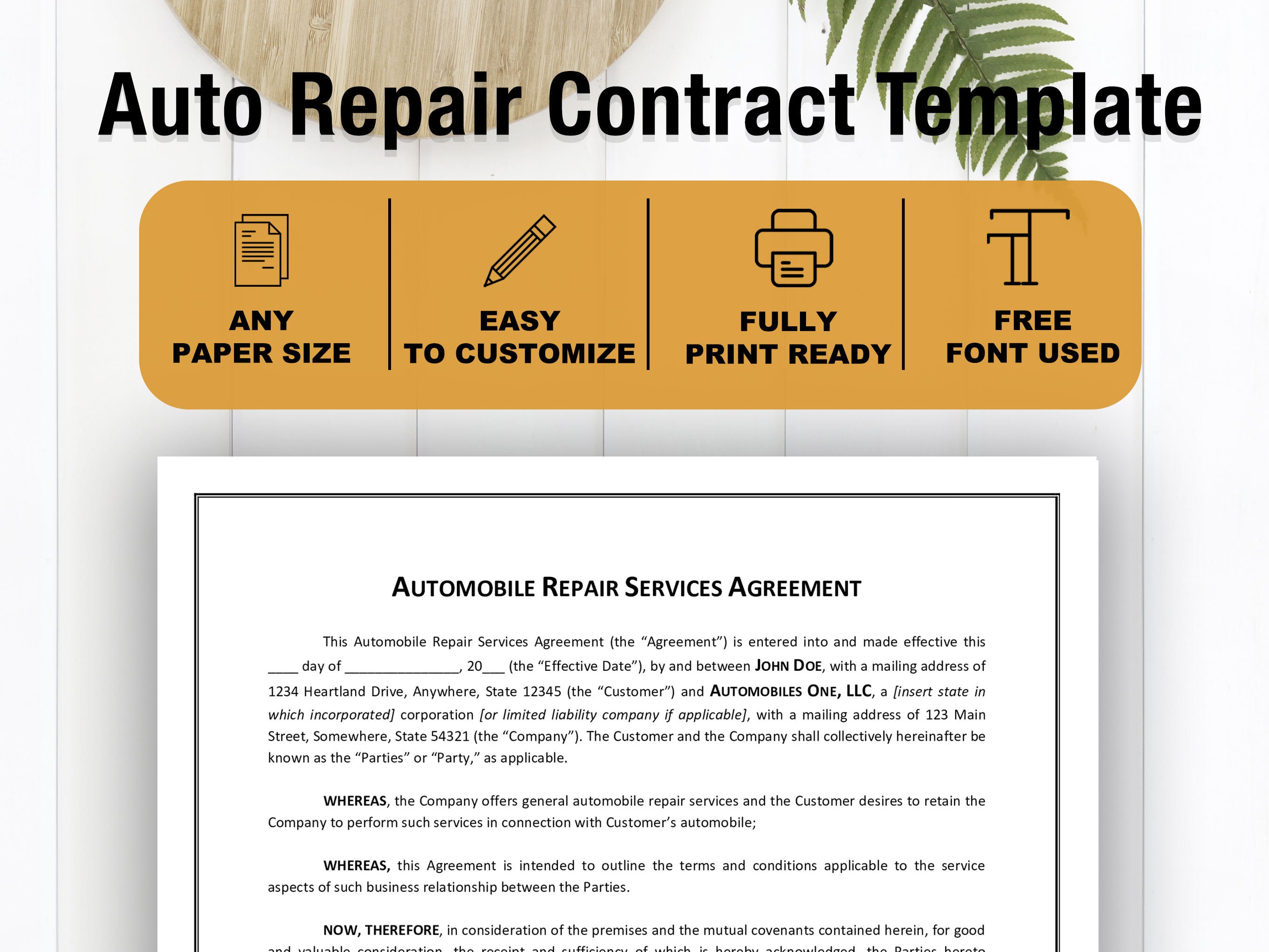 Auto Repair Contract Template Free
