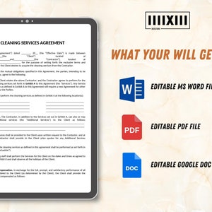 Peut inclure: Une tablette num&eacute;rique affiche un document "CLEANING SERVICES AGREEMENT". L'image montre &eacute;galement le texte "WHAT YOUR WILL GET?" avec des ic&ocirc;nes pour les fichiers MS Word, PDF et Google Doc modifiables. Le document est sur fond blanc.