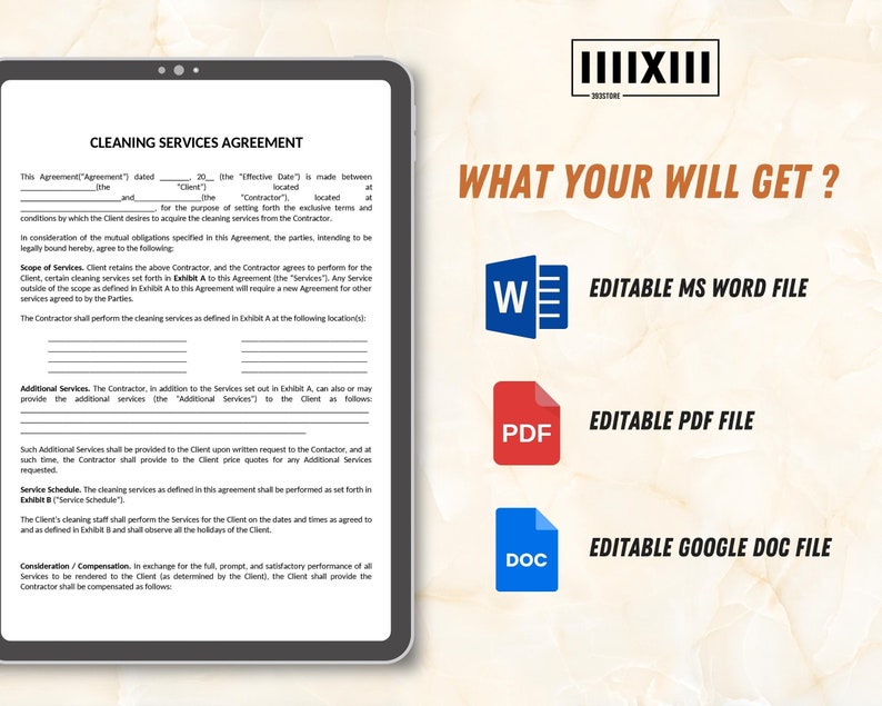 Peut inclure: Une tablette num&eacute;rique affiche un document "CLEANING SERVICES AGREEMENT". L'image montre &eacute;galement le texte "WHAT YOUR WILL GET?" avec des ic&ocirc;nes pour les fichiers MS Word, PDF et Google Doc modifiables. Le document est sur fond blanc.