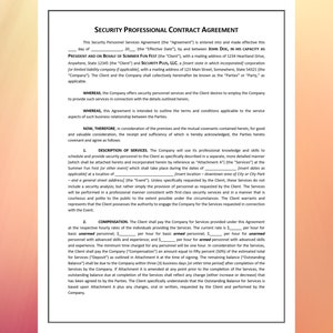May include: A formal contract agreement titled "Security Professional Contract Agreement." The document outlines terms for security personnel services, including compensation and service descriptions. The text is black on a white background with a pink and orange border.