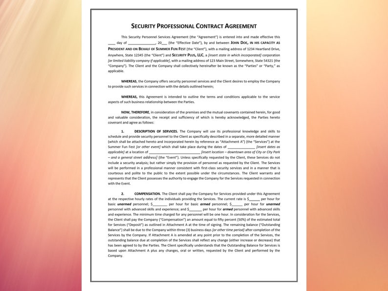 May include: A formal contract agreement titled "Security Professional Contract Agreement." The document outlines terms for security personnel services, including compensation and service descriptions. The text is black on a white background with a pink and orange border.