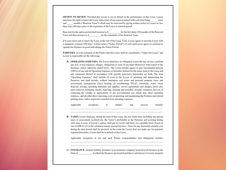 Restaurant Lease Agreement Standard Legal Document Commercial