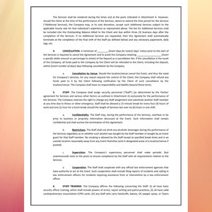 May include: A document with text in black font on a white background, with a light pink border. The text includes sections on cancellation, staff, and confidentiality, with details on service agreements and staff responsibilities.